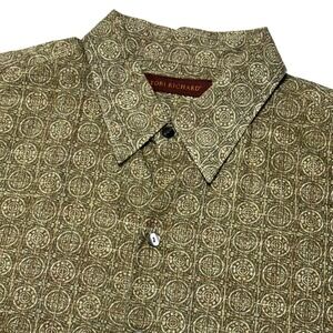 Tori Richard Button Up Men Large Olive Green Cotton Lawn Medallion Aloha Shirt